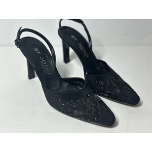 St. John Black Italian Embellished Fabric Mesh Pointy Toe Slingbacks Size 6.5B